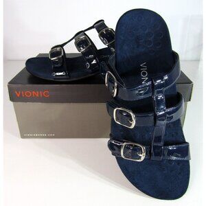 Vionic Misa Sandals Blue Leather Arch Support Triple Strap Slide Womens Size 10W
